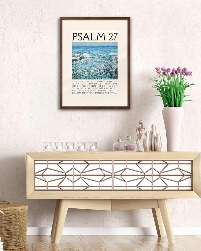 EcoHest 12x16 in Psalm 27 Ocean Framed Bible Verse Christian Wall Art | Walnut Color Solid Oak Frame, Canvas Wall Art, Coastal Scripture Wall Decor for Bedroom, Living Room, Office, Church, 1Pack