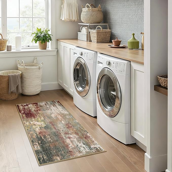 RELEANY Washable 2'x4' Abstract Area Rug for Living Room Rustic Brown | carpet for bedroom, kitchen, office, hallway and entryway, printed pattern, non-slip, soft, stain-resistant, easy to clean