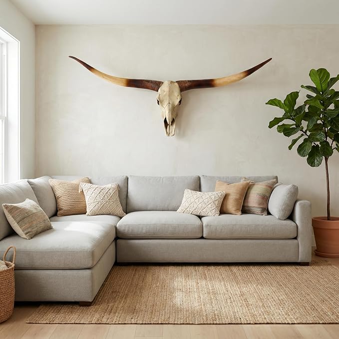 JUNTHORB 70in Longhorn Wall Decor, Extra Large Authentic Croissant,Cow Skull Wall Decor,cow horns, cow horn wall decoration, long horn skull,Handmade Farmhouse Decor (brown)