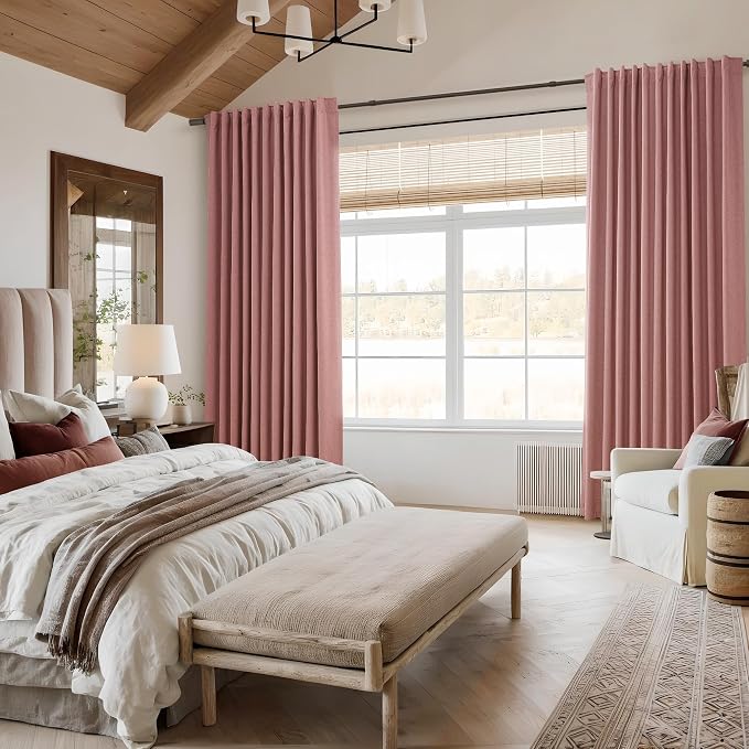 Guken 100% Blackout Curtains 96 Inch Length 2 Panels Set for Living Room Bedroom Back Tab Thermal Insulated Black Out Linen Drapes Room Darkening Window Curtains 96 Inches Long, Ash Rose