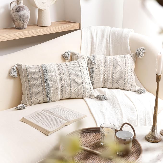 Decorative Lumbar Throw Pillow Covers 12x20 Combo Set of 2 Gray Rectangular Boho Accent Pillowcase Neutral Grey Farmhouse Cushion for Couch Sofa Bedroom Living Home Décor Cover ONLY