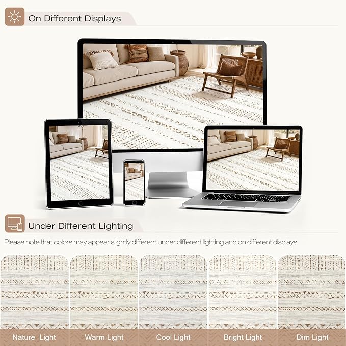 cotiled 10x12 Area Rugs Living Room Rug: Washable Boho Rugs with Non Slip Backing Large Soft Indoor Stain Resistant Carpet for Bedroom Farmhouse Dining Room Lightweight Home Decor L Brown/Cream