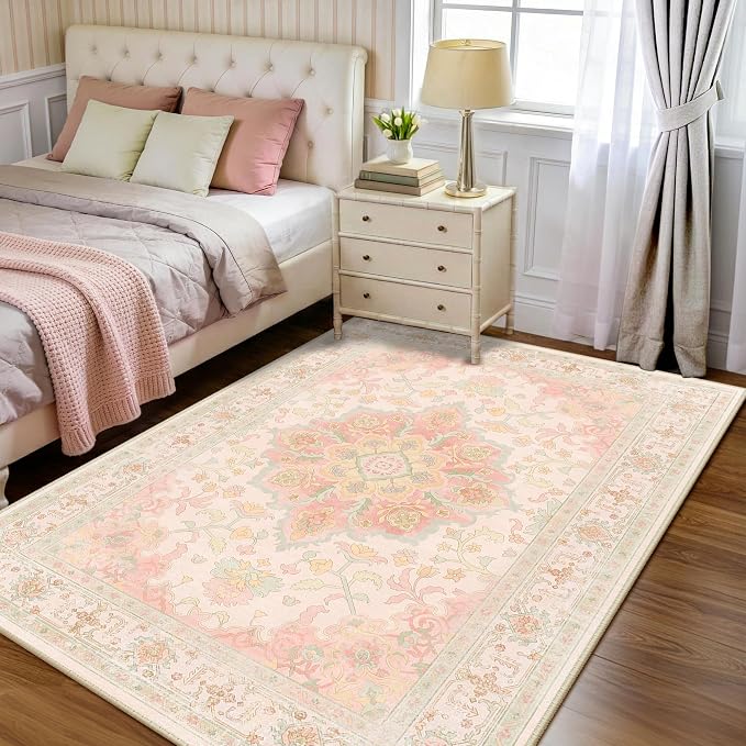 CAPALOCA 4x6 Washable Nursery Girls Low Pile Area Rug Pink Green | Non-Slip Soft Rugs for Bedroom Kids Playroom Living Room, Print Pattern Water Repellent Carpet Indoor Decor