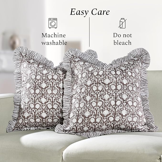 CPC Mocha Regal Hand Block Print 100% Cotton Ruffle Throw Pillow Cover 20x20 inch with Hidden Zipper Decorative for Couch, Bed, Sofa, Farmhouse, Cottagecore Decor Gift Christmas Fall Thanksgiving