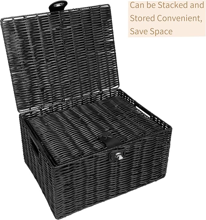Honygebia Black Wicker Storage Baskets - Set of 3 Decorative Nesting Boxes with Lids, Woven Basket with Lock & Handle, Organizer for Beauty Makeup Bathroom Decor