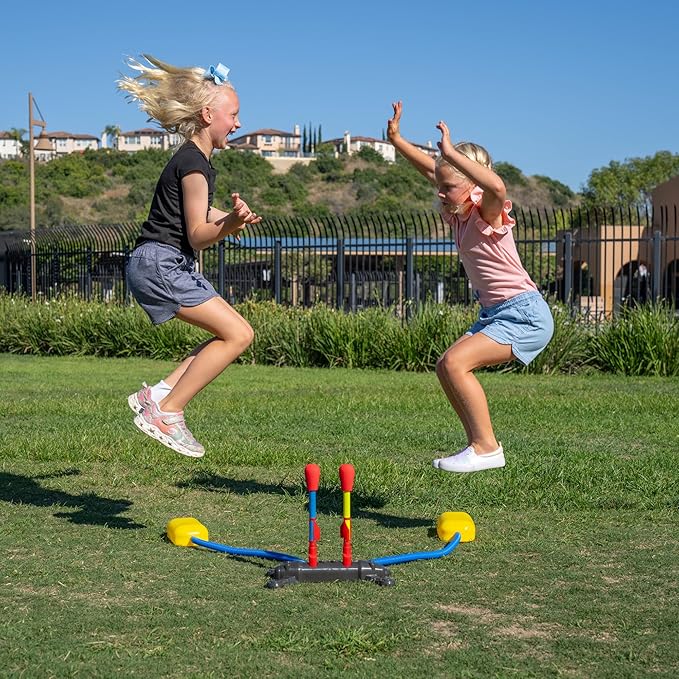Stomp Rocket Original Dueling Rocket Launcher for Kids, 8 Rockets - Fun Backyard & Outdoor Kids Toys Gifts for Boys & Girls -Toy Foam Blaster Set Soars 200ft - Multi-Player Launcher Stand