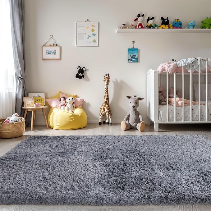 3x5 Thick Grey Fluffy Shag Rug for Bedroom, Plush Washable Carpet | Area Rug for Living Room, Kids Nursery, College Dorm, Non Slip Shaggy Floor Carpet