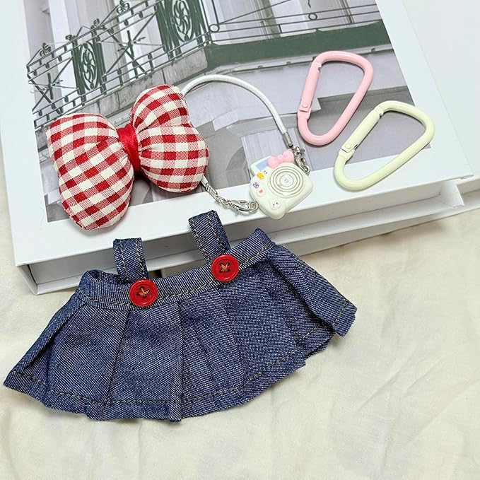 17cm Doll Clothes, Clothes for Cute Dolls Outfit, Stylish Kawaii Clothes & Accessories for 15-17cm Dolls, Denim Skirt+Red Plaid Bow Pin+Mini Camera+Keychains (Indigo)