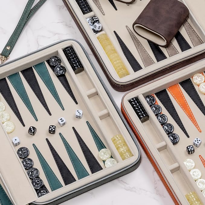 Backgammon Sets for Adults, Classic Board Game with Folding Leather Backgammon Case, Portable Travel Backgammon Game Set (Green)