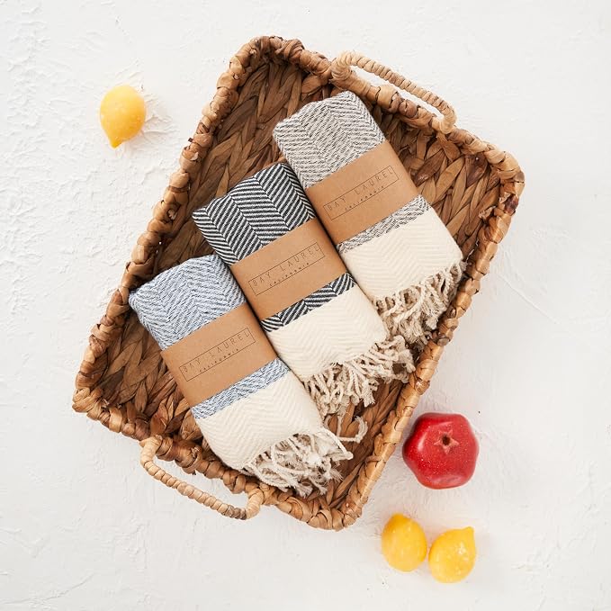 BAY LAUREL Turkish Hand Towel – Pack of 2 | Soft & Absorbent Decorative Towels for Bathroom, Hand, Face, Hair, Gym, Yoga, SPA, Kitchen & Tea | Boho Decor(Light Blue, Herringbone 16x40 Inches(Set of 2)