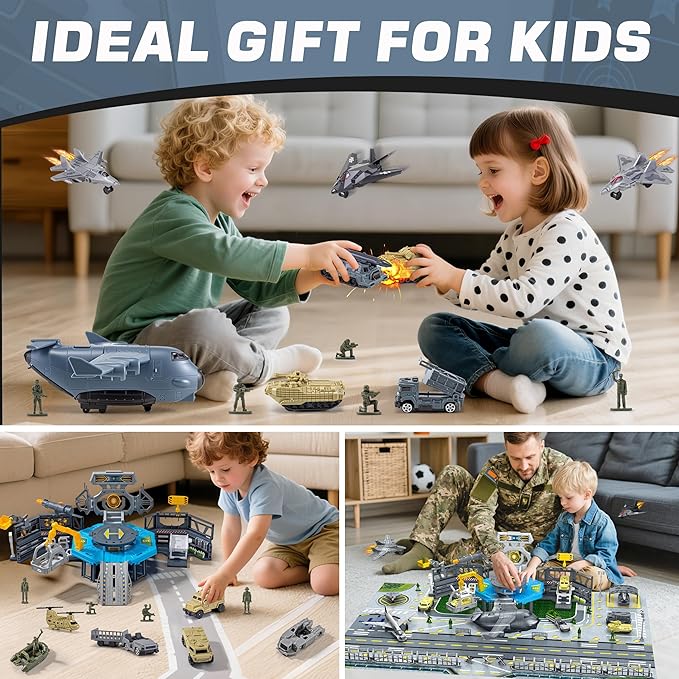 Military Base Toy, Army Toys Set with 14 Vehicles Airplane Tank Trucks Helicopter Fighter Jet, Play Mat with Army Men Action Figures and Accessories, Birthday Gift for Kids