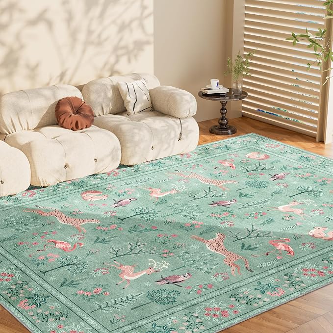 DUKINO 5x7 Area Rugs, Washable Animal Rug for Living Room Non Slip, Teal | Low Pile, Soft Indoor Carpet for Bedroom, Kids Room, Dining Room, Pet Friendly, Farmhouse, Stain Resistant, Non-Shedding