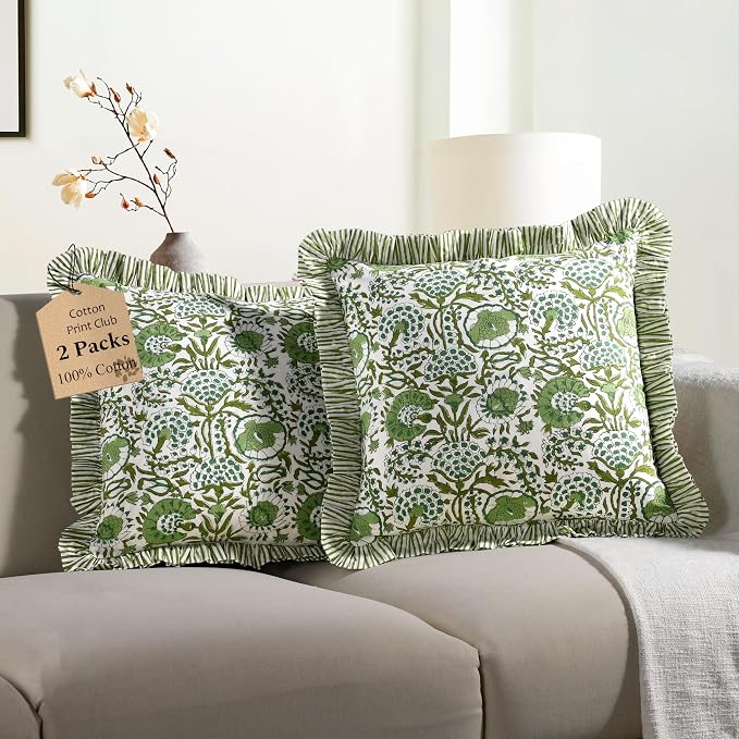 CPC Block Print Ruffle Throw Cover Agate Green 20"x20" Inch Pack of 2-100% Cotton Ruffle Couch Decorative Boho Pillows Case for Living Room, Bedroom, Sofa, Farmhouse Gift for Spring, Mother's Day
