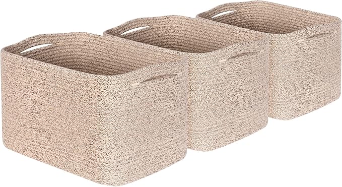 3-Pack Decorative Woven Storage Baskets for Shelves, Cube Bin Box for Organizing Books, Shoes, Dog Toys, Pantry Closet and Living Room Organizer, Oatmeal Brown