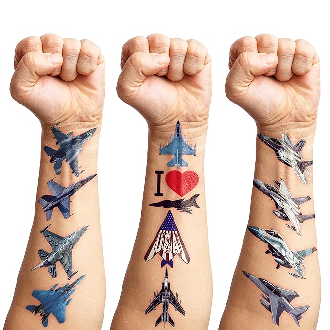 96PCS Jet Temporary Tattoos Pre-Cut Fighter Jet Birthday Party Decorations Party Favors Supplies Aircraft Plane Airplane Military Tattoos Stickers for Kids Boys Girls Gifts (Normal)