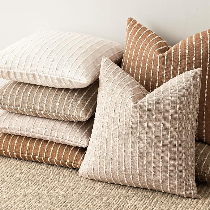 Foindtower Pack of 2 Decorative Jacquard Boucle Throw Pillow Covers Accent Textured Striped Pillowcases Soft Boho Modern Cushion for Couch Sofa Bedroom Living Room Home Decor 20x20 Inch Cream White