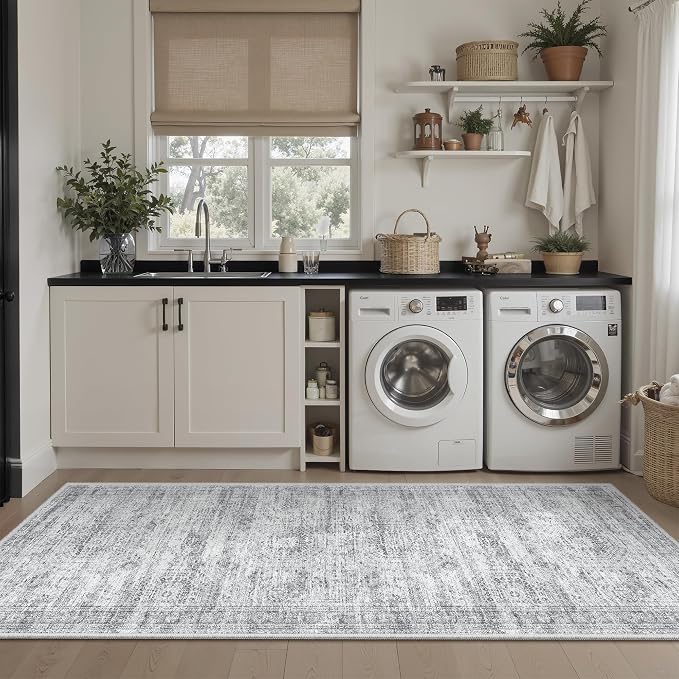 Soalmost Runner Rug 2x6 Washable Kitchen Hallway Runners Non-Slip Grey | Soft Low-Pile Rugs for Entry Bathroom Laundry Room, Vintage Foldable Floor Carpet Mat Entryway for Corridor Bedroom