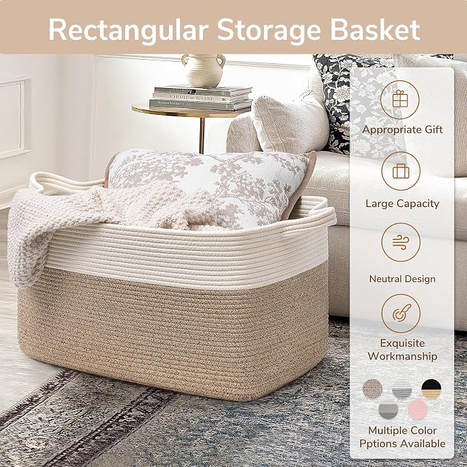 Goodpick Large Woven Rope Blanket Basket, Rectangle, White & Camel Mix | 21.6'' x 14.9'' x 11.8'' Storage Basket for Blankets & Toys, Living Room, Bedroom & Nursery Organization, Home Decor