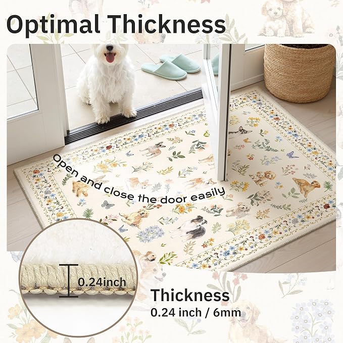 Soalmost Dog 8x10 Area Rugs for Living Room, Washable Animal Soft Rug Beige | Floral Vintage Non-Slip Low Pile Cute Throw Large Rugs for Classroom Bedroom Dining Room Nursery Playroom 8' x 10'