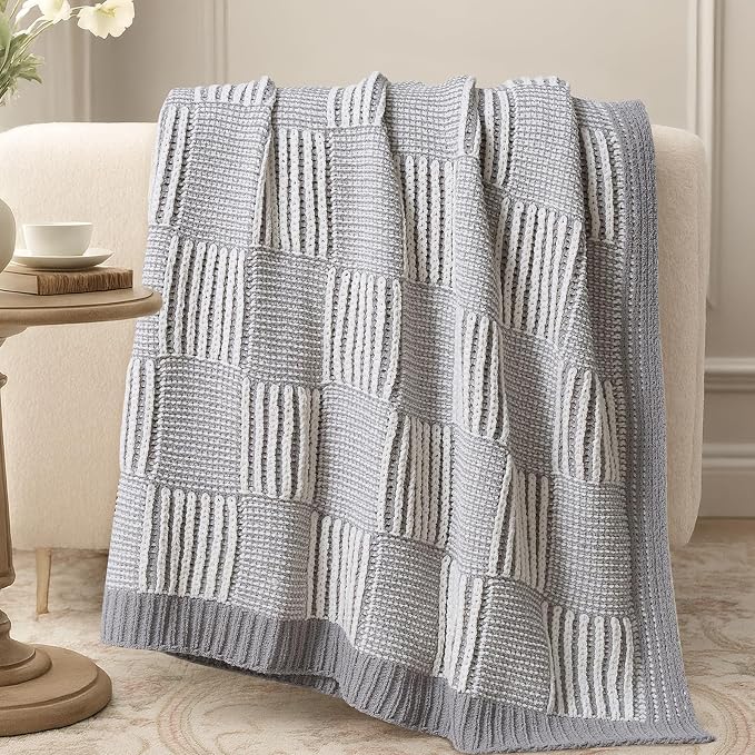 Knit Throw Blanket, Soft Chenille Cozy Breathable Dual Tone Checkered Chunky Decorative Blanket for Couch, Bed & Sofa, French-Inspired Lightweight Warm Gift for Women, Gray, 50"x60"