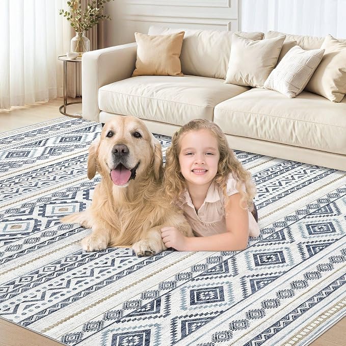 cotiled 10x13 Area Rugs Living Room Rug: Washable Boho Rugs with Non Slip Backing Large Soft Indoor Stain Resistant Carpet for Bedroom Farmhouse Dining Room Lightweight Home Decor Blue