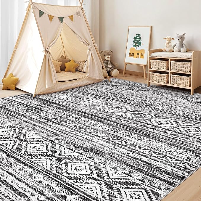cotiled 6x8 Area Rugs Living Room Rug: Washable Boho Rugs with Non Slip Backing Large Soft Indoor Stain Resistant Carpet for Bedroom Farmhouse Dining Room Lightweight Home Decor White/Black