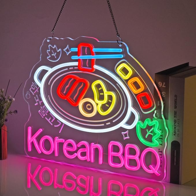 Korean BBQ Neon Sign,Korean Food LED Light Sign Wall Decor | Neon Lights Hanging Wall Art Decoration for Korean Restaurant Grill Kitchen Home Decor,USB Powered Dimmable,16.14×12.6 In