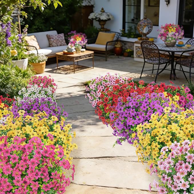 Ouddy Decor 24 Pcs Artificial Flowers for Outdoors Decoration, Multicolor | Fake silk flowers, UV resistant, faux plastic plant, for summer porch garden yard planter wedding indoor outdoor home decor