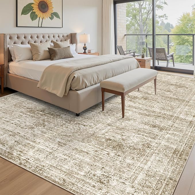 Soalmost Washable Area Rug 8x10 Large Soft Brown Rugs for Living Room | Vintage Non-Slip Carpet for Dining Bedroom, Stain Resistant Low Pile Foldable Lightweight Floor Mat Under Table Home Decor