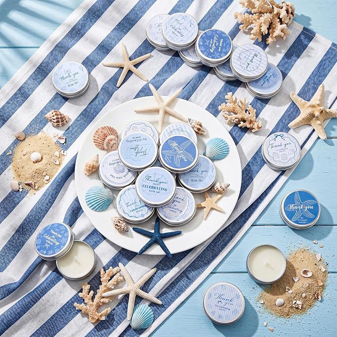 Treela 24 Pcs Coastal Candles Favors Blue Bow Starfish Seashell Scented Candle Tins with Lids Coquette Ocean Gifts for Summer Beach Wedding Bridal Baby Shower Party Favors Decorations