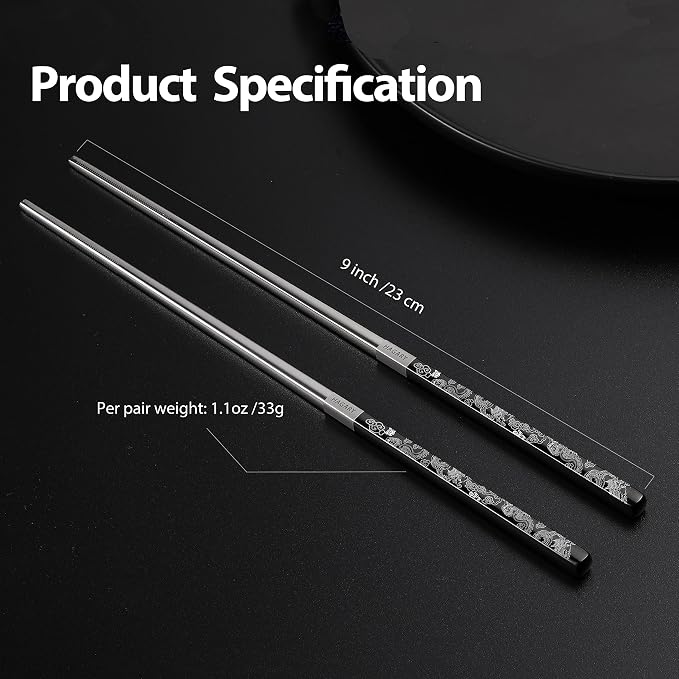 Hagary Dragon Chopsticks Metal Reusable Designed In Korea Japanese Style Stainless Steel 316 18/10 Non-Slip 2 Pairs Dishwasher Safe Laser Etched (Black)