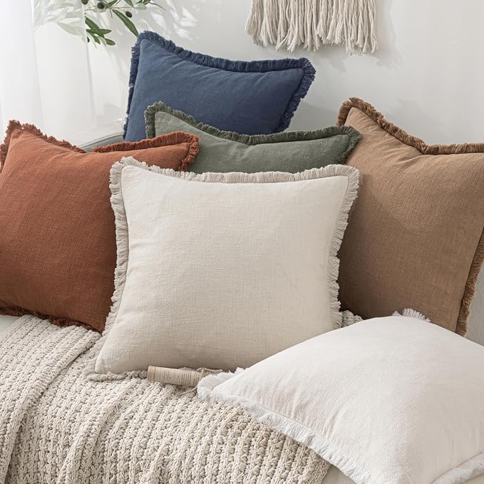 MIULEE Linen Decorative Euro Throw Pillow Covers Light Olive Green 22x22 | Set of 2, Cottagecore Decor, Boho Farmhouse Neutral Fringe Pillow Covers, Rustic Couch Cushions for Sofa Bed Living Room