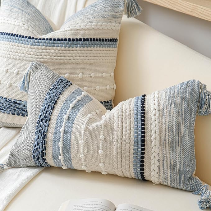 Coastal Blue Boho Decorative Throw Pillow Cover 18x18 Modern Bohemian Accent Pillow Case Square Woven Textured Farmhouse Pillows for Couch Bed (Pack of 1)