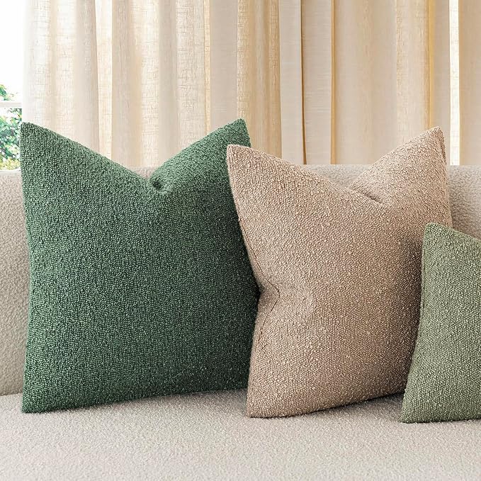 Foindtower Set of 2, Decorative Textured Boucle Throw Pillow Covers Accent Solid Pillow Cases Neutral Cozy Couch Cushion Case for Chair Sofa Bedroom Living Room Home Decor 26x26 Inch Pine Green