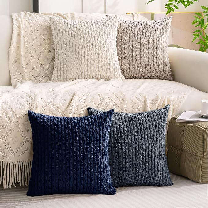 Set of 4 Navy White Taupe Decorative Throw Pillow Covers 22x22 Inch Corduroy Pillow Covers for Bed Couch Sofa Living Room Soft Square Cushion Cases
