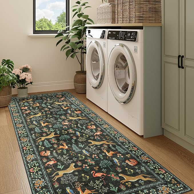 DUKINO 3x7 Hallway Runner Rug, Non Slip Animal Kitchen Runner Rug, Black | Soft, Low Pile, Stain Resistant Indoor Carpet Runner for Entryway, Bedroom, Bathroom, Laundry, Pet Friendly, Home Decor