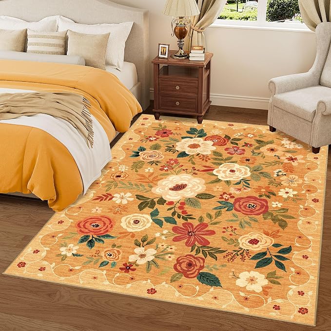 DUKINO 5x7 Area Rugs, Floral Washable Rug for Living Room Non Slip, Orange | Soft, Low Pile, Stain Resistant Indoor Rug for Bedroom, Dining Room, Office, Pet Friendly, Lightweight, Modern Home Decor