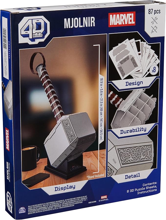 4D Build, Marvel Mjolnir Thor Hammer 3D Puzzle Model Kit with Stand 87 Pcs | Thor Desk Decor | Building Toys | 3D Puzzles for Adults & Teens 12+