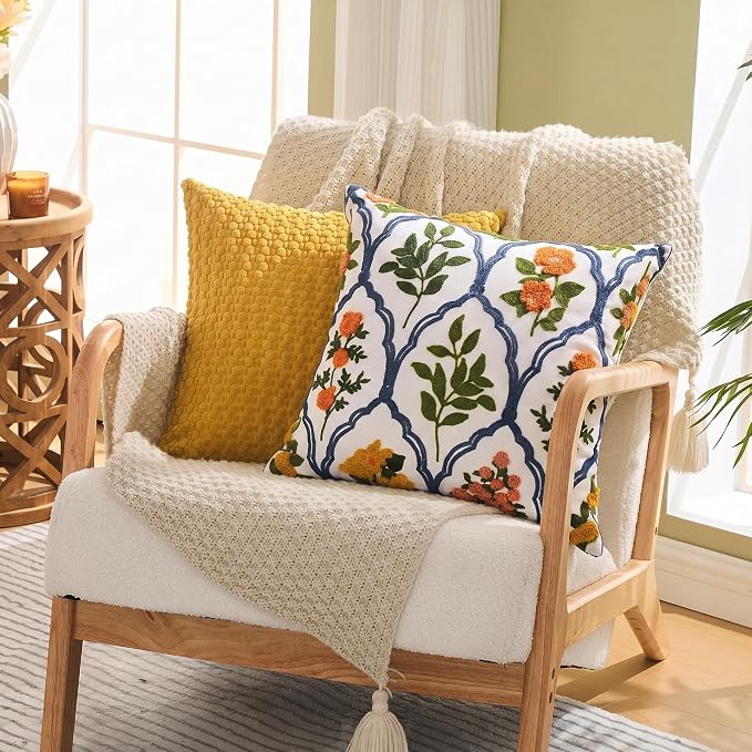 Alysheer Spring Summer Floral Embroidered Decorative Throw Pillow Cover 18"x 18" Set of 2, Orange Flowers Embroidery Patterned Multicolor Cushion Case for Sofa Couch Living Room Bedroom Outdoor