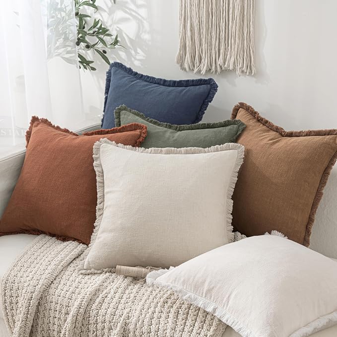 MIULEE Linen Fringe Decorative Fall Euro Throw Pillow Covers Brown 26x26 | Set of 2, Cottagecore Decor, Boho Farmhouse Neutral Pillow Covers, Rustic Fall Couch Cushion Cases for Sofa Bed Living Room