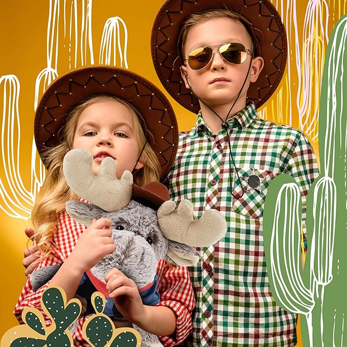 DolliBu Floppy Moose Stuffed Animal Cowboy Plush with Name Personalization - Western-Themed Moose Plush with Cute Cowboy Costume Denim Shirt Vest, Bandana, Leather Pants, and Hat - 12 Inches