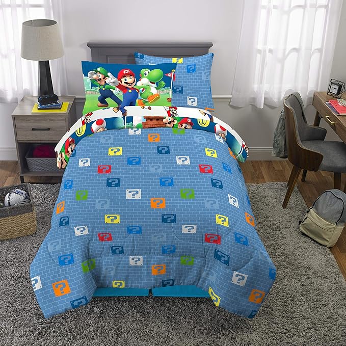 Super Mario Bros Kids Bedding Super Soft Cozy Reversible Comforter and Sheet Set with Sham, 5 Piece Twin Size Nintendo Gamer Bed Set, (100% Officially Licensed Product) by Franco