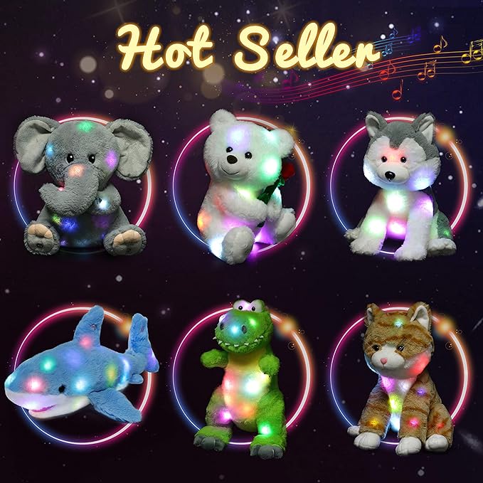 Hopearl LED Musical Stuffed Puppy Lighting Up Singing Plush Toy Adjustable Volume Lullaby Animated Soothe Birthday Festival for Kids Toddler Girls, Rainbow, 10.5''