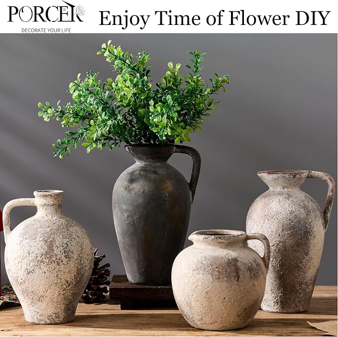PORCER Antique Rustic Ceramic Vase, 9.3 Inch Tall Large Terracotta Vase with Handle, Vintage Farmhouse Pottery Vase for Home Decor, Living Room, Entryway, Wedding, Thanksgiving - Black Bronze