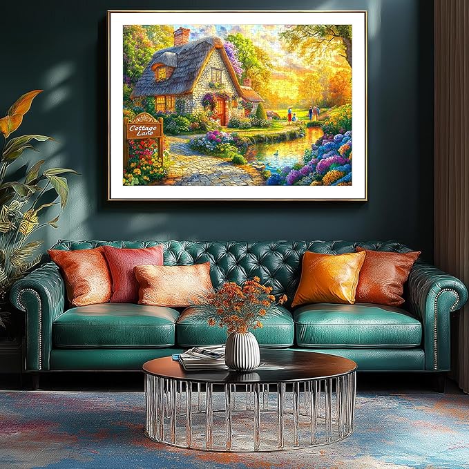 Fairy Tale Cottage 1000 Piece Jigsaw Puzzle for Adults - Scenic House Garden with Sunset & Colorful Flowers Landscape Challenging Puzzle Games Fun Family Activity (27.6" x 19.7")
