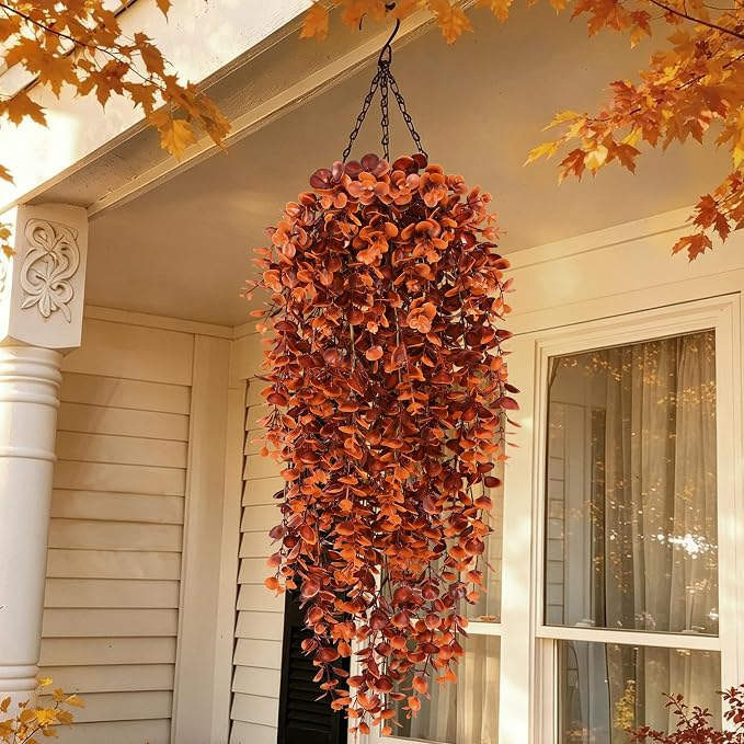 Waipfaru 4Pcs Fake Hanging Plants, Red-Brown Eucalyptus Fake Vines Ivy | UV Resistant Artificial Plants Outdoor Faux Plants Indoor Bedroom Living Room Boho Wall Porch Shelf Decor