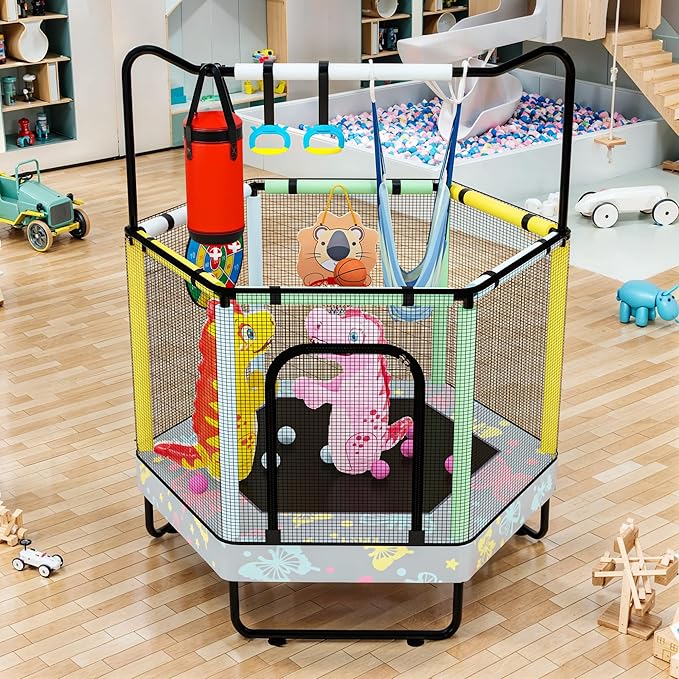 LAMERGE 55" 7-in-1 Round Trampoline for Kids Boys & Girls Ages 1-8, Indoor & Outdoor Trampoline for Fun, Adjustable Height Handrail ๏ผ Enclosed Safety Net ๏ผ Durable Designs for Toddlers Children