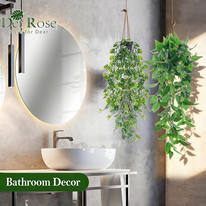 Der Rose 8Pcs Artificial Hanging Plants for Fuller Layered Wall Shelf Decor | Fake Vine Plants in black pots add bold contrast and refresh bathroom, kitchen, bedroom and ceiling decor indoor