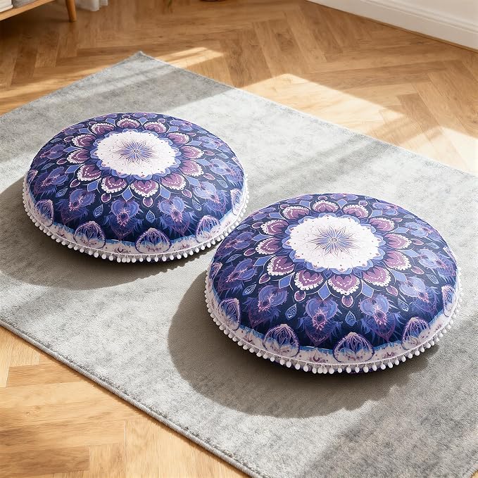 Meditation Cushion 32 Inch Round, Large Floor Pillow Seating for Adults, Bohemian Mandala Yoga Cushion, Extra Thick Memory Foam Removable Washable Cover, Ideal Gift & Holiday Decor, Purple