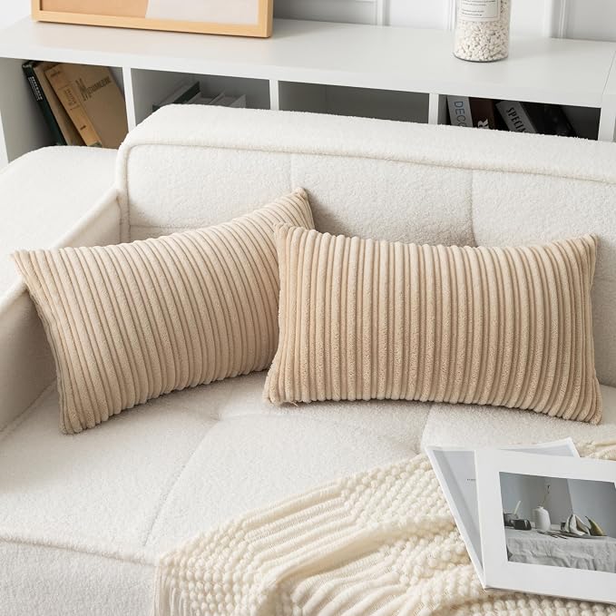 UGASA Velvet 12x20 Inch Lumbar Soft Throw Pillow Cover Boho Farmhouse Decorative Corduroy Striped Both Sides Solid Rectangular Cushion Case for Couch Bedroom Sofa Home, 1 Piece, Beige